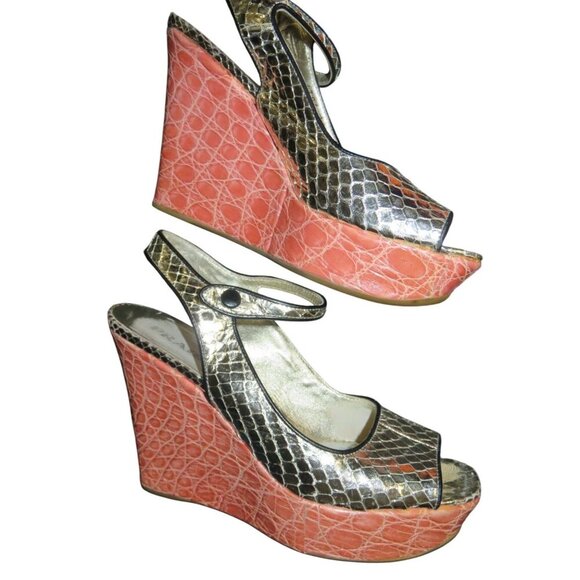 Prada Italian Snakeskin & Croc Embossed Leather Wedges Pink & Gold 37.5 US 7.5 - Picture 5 of 11
